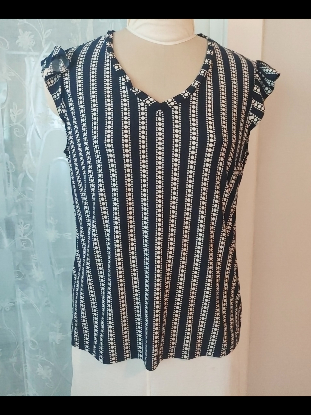 Tommy Hilfiger Navy and White Striped V-Neck Cap Sleeve Top